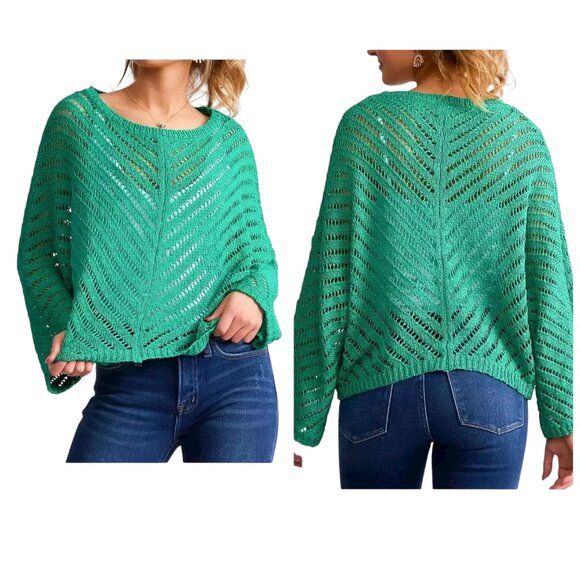 Sadie & Sage Emerald Open Knit Sweater Medium NWT Boho Crochet Pullover - Picture 1 of 7